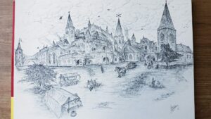 Middeleeuiws fantasie stadsaanzicht zonder voobeeld in inkt op A3