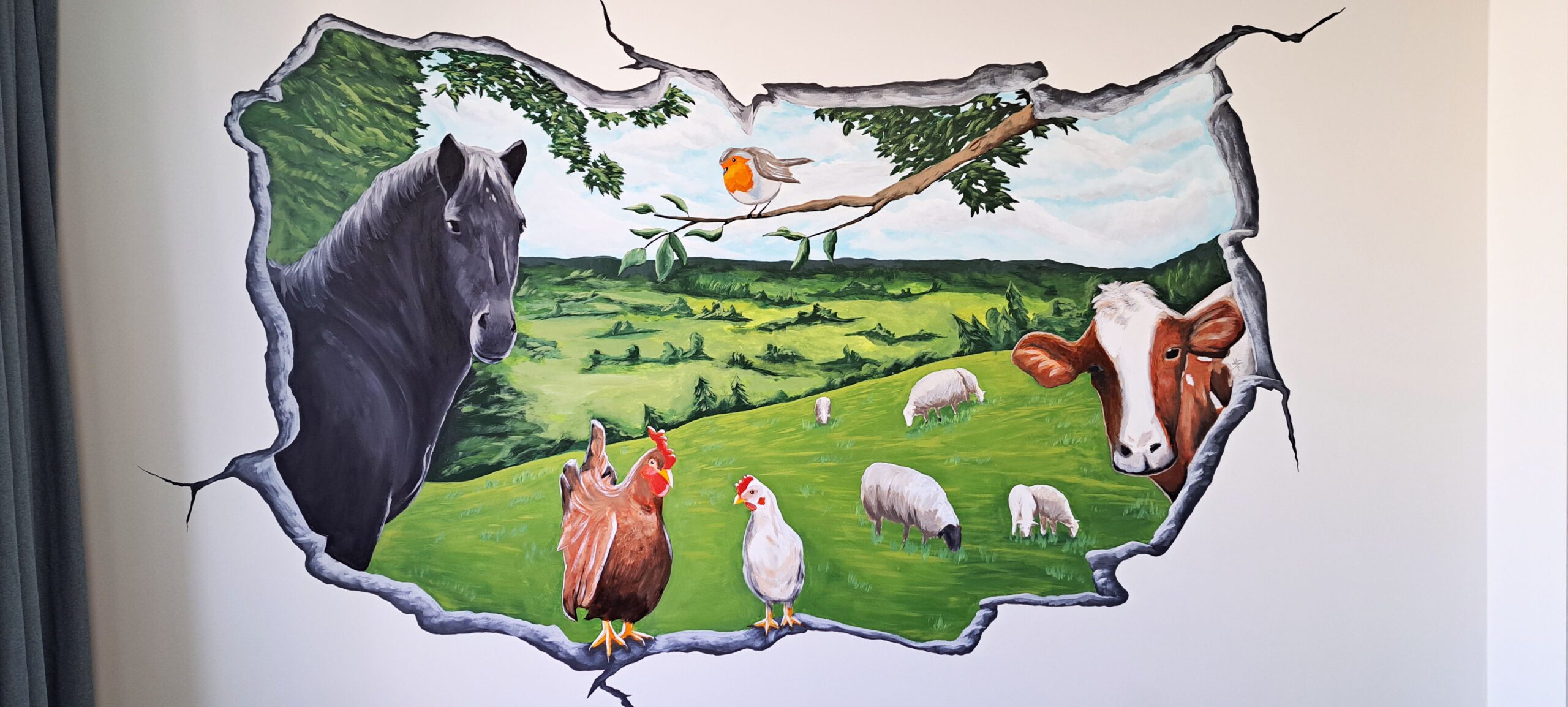 Muurschildering met boerderijdieren