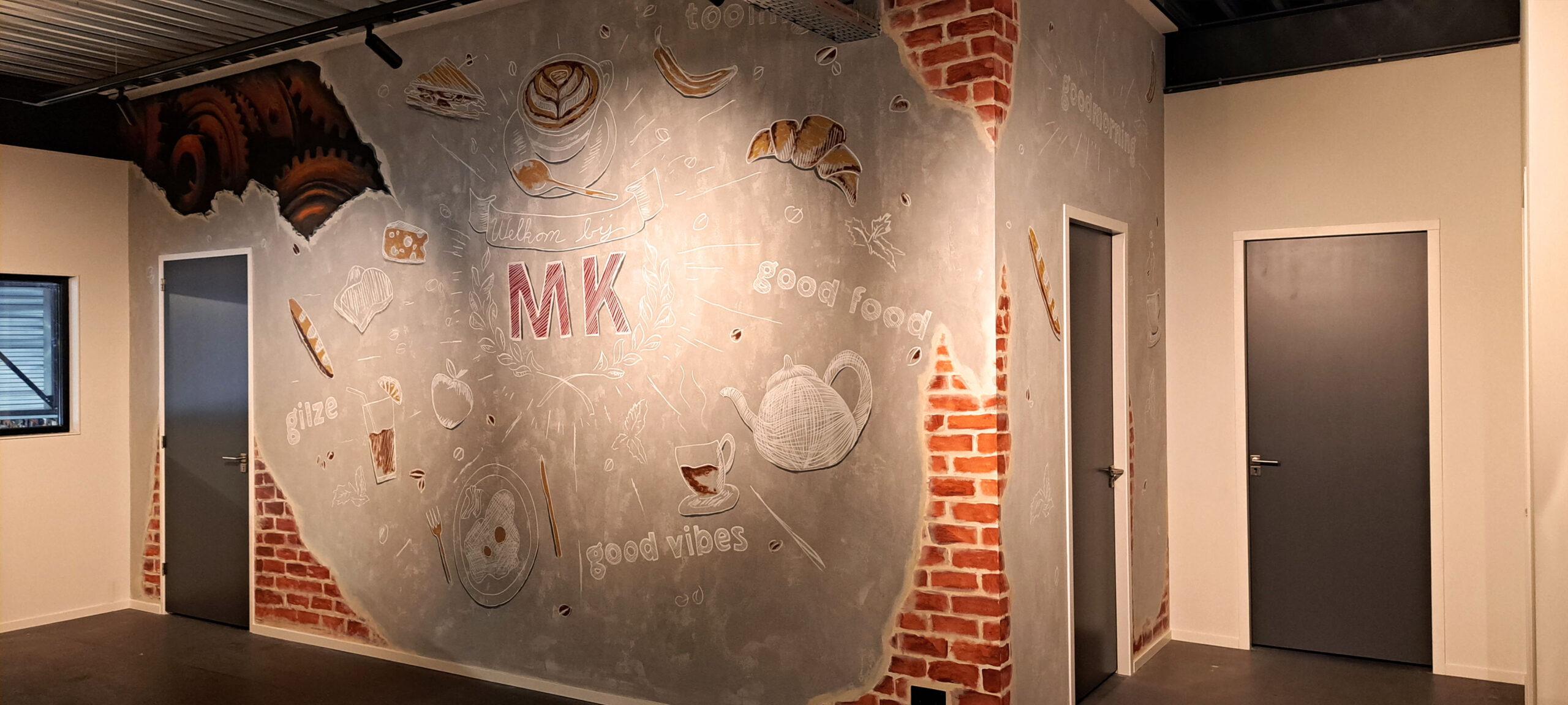 Kantine muurschildering bij MK Gilze gezien vanuit een hoek